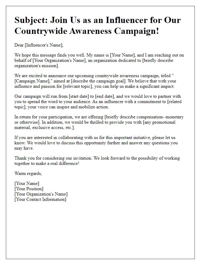 Letter template of influencer recruitment for countrywide awareness campaign