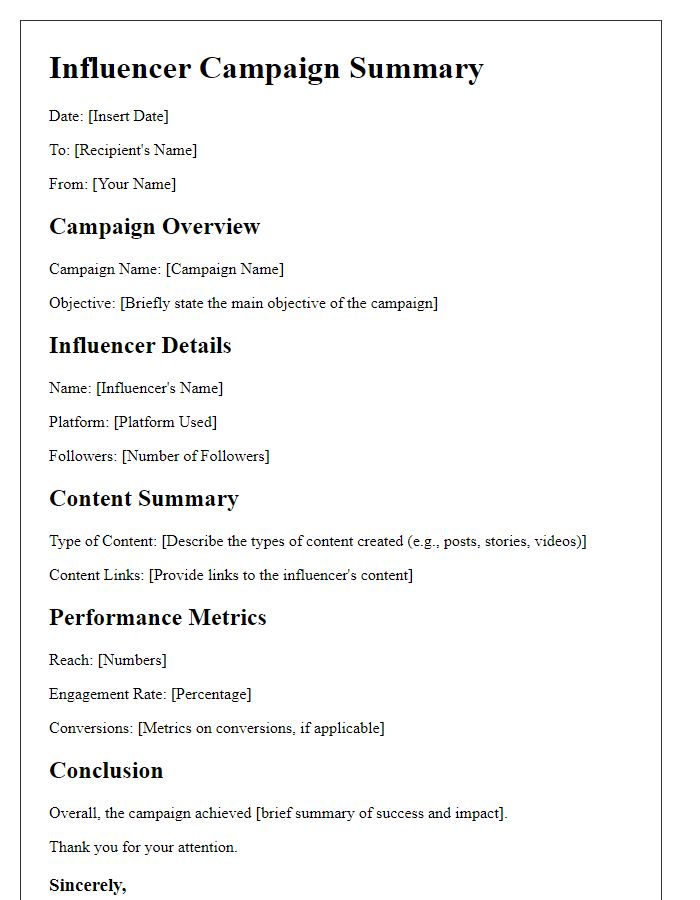 Letter template of influencer campaign summary