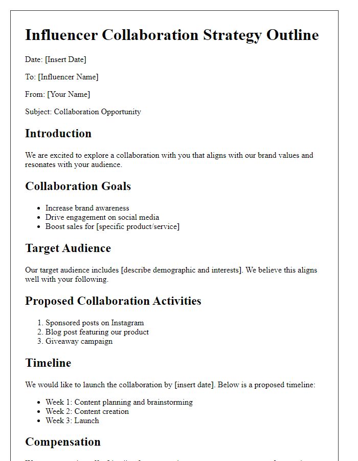 Letter template of influencer collaboration strategy outline