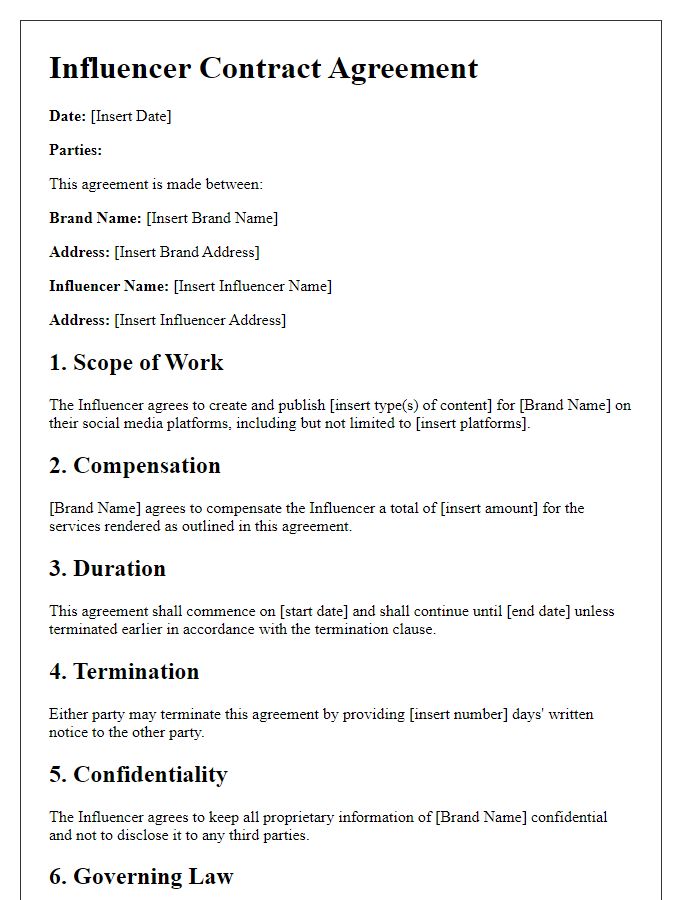 Letter template of influencer contract agreement