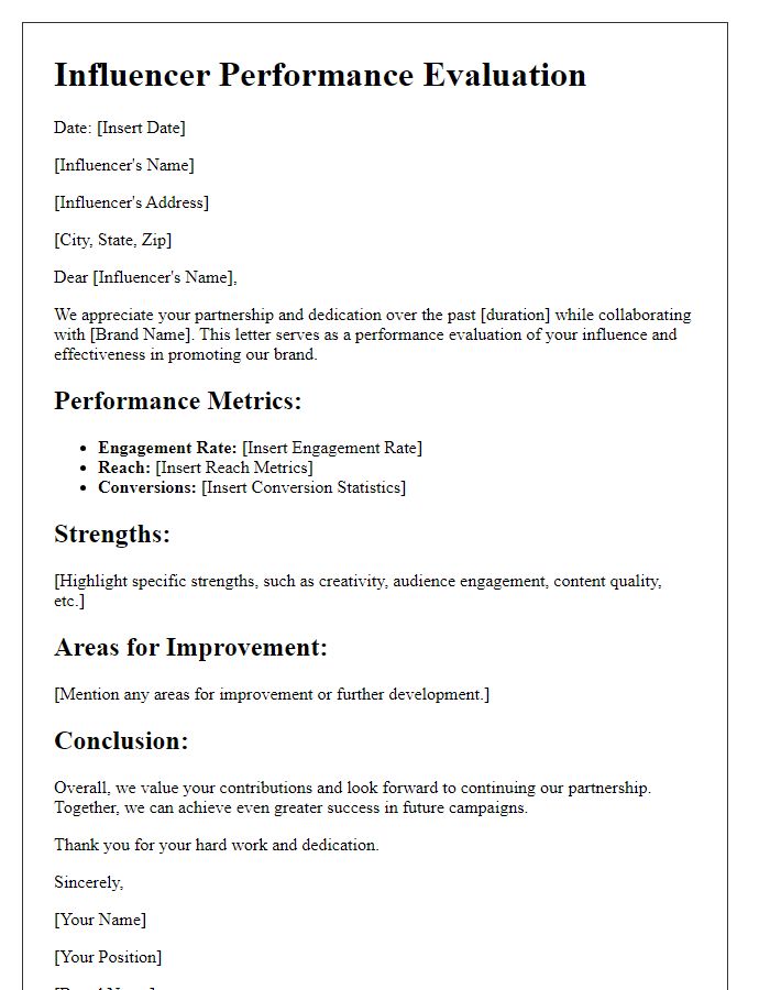 Letter template of influencer performance evaluation