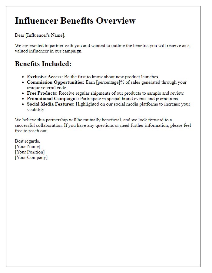 Letter template of influencer benefits overview