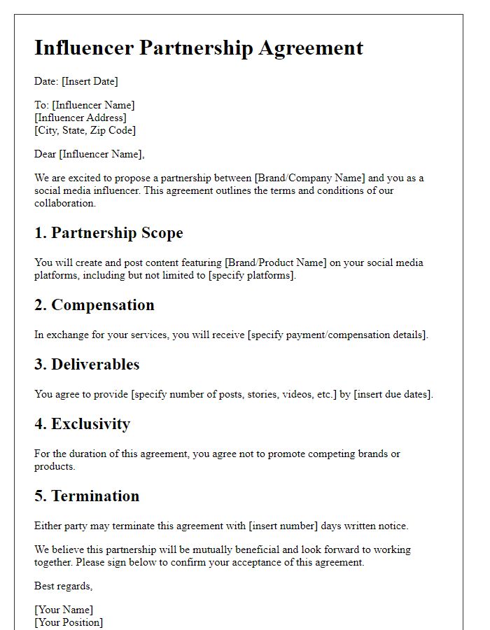 Letter template of social media influencer partnership agreement