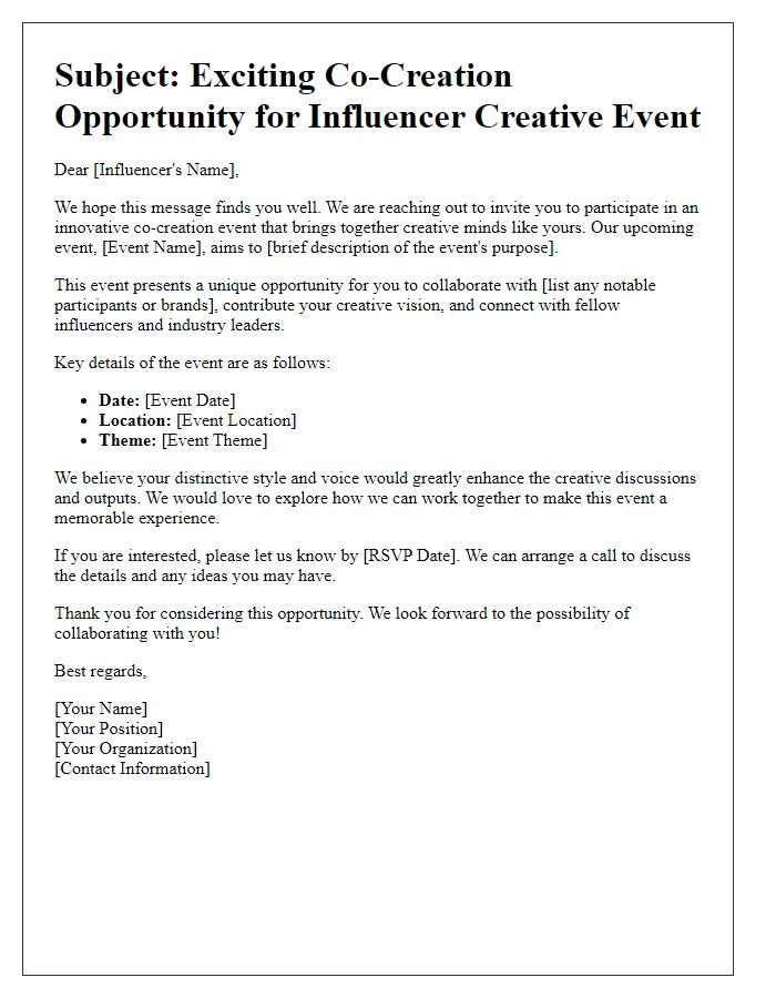 Letter template of co-creation opportunity for influencer creative event