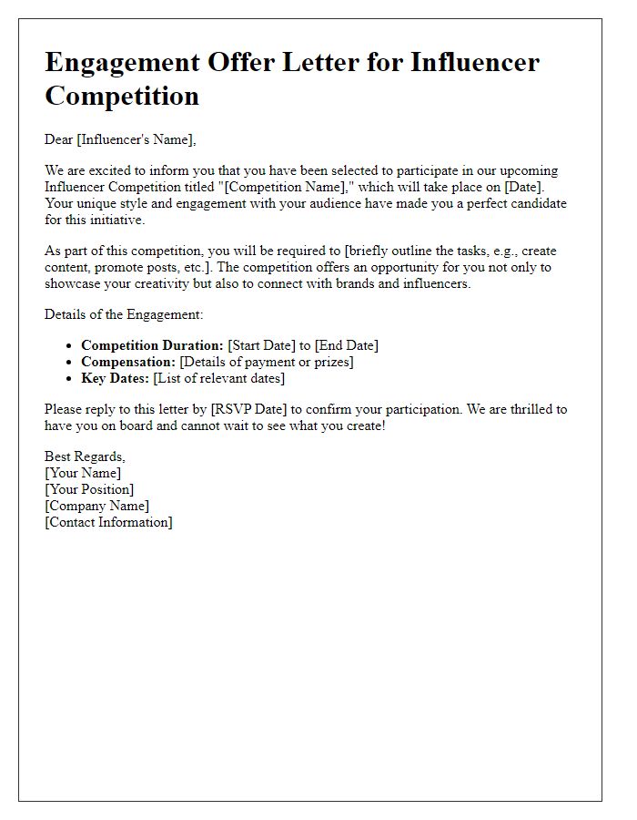 Letter template of engagement offer for influencer competition