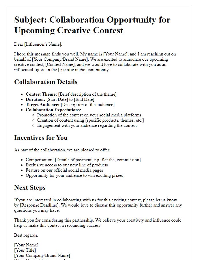 Letter template of influencer collaboration outline for creative contest