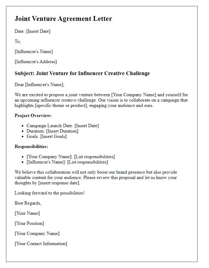 Letter template of joint venture for influencer creative challenge