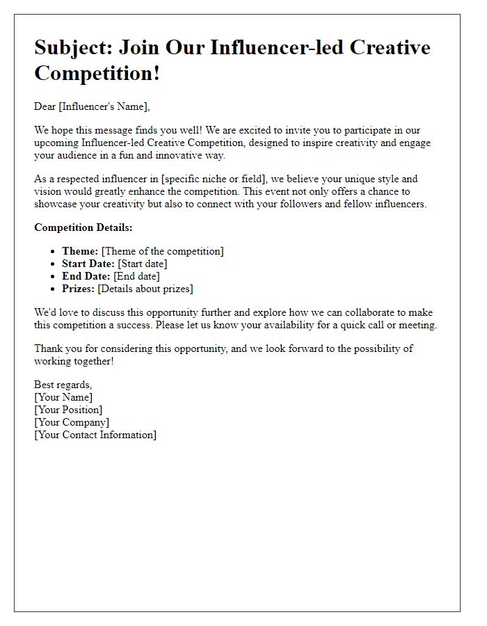 Letter template of outreach for influencer-led creative competition