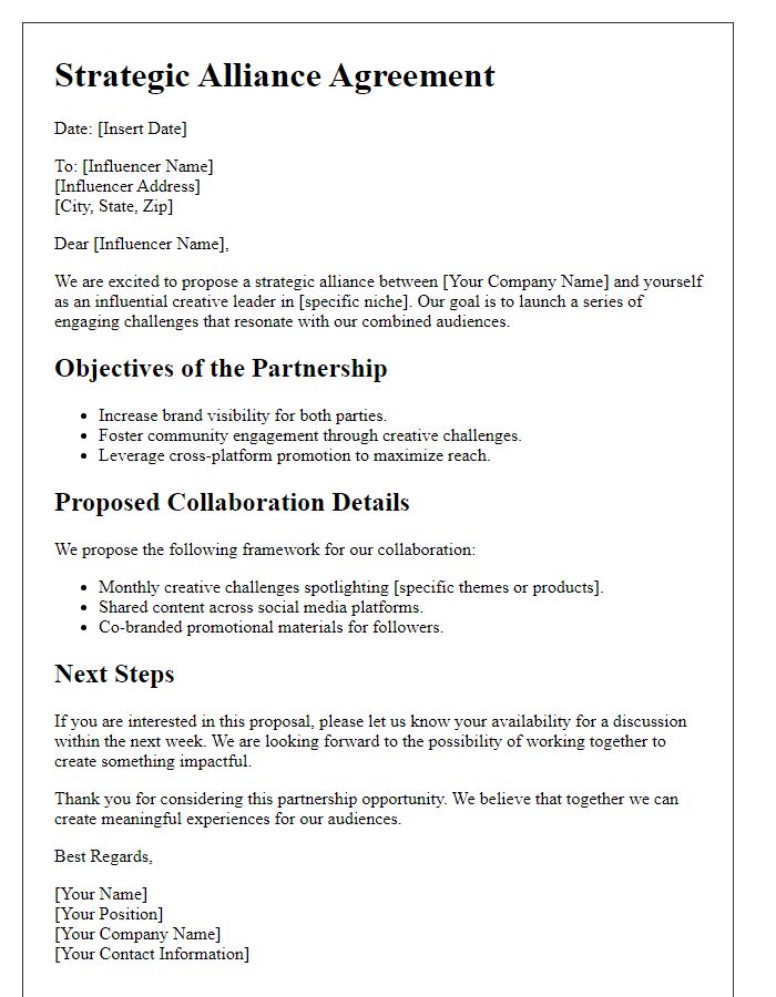 Letter template of strategic alliance for influencer creative challenges