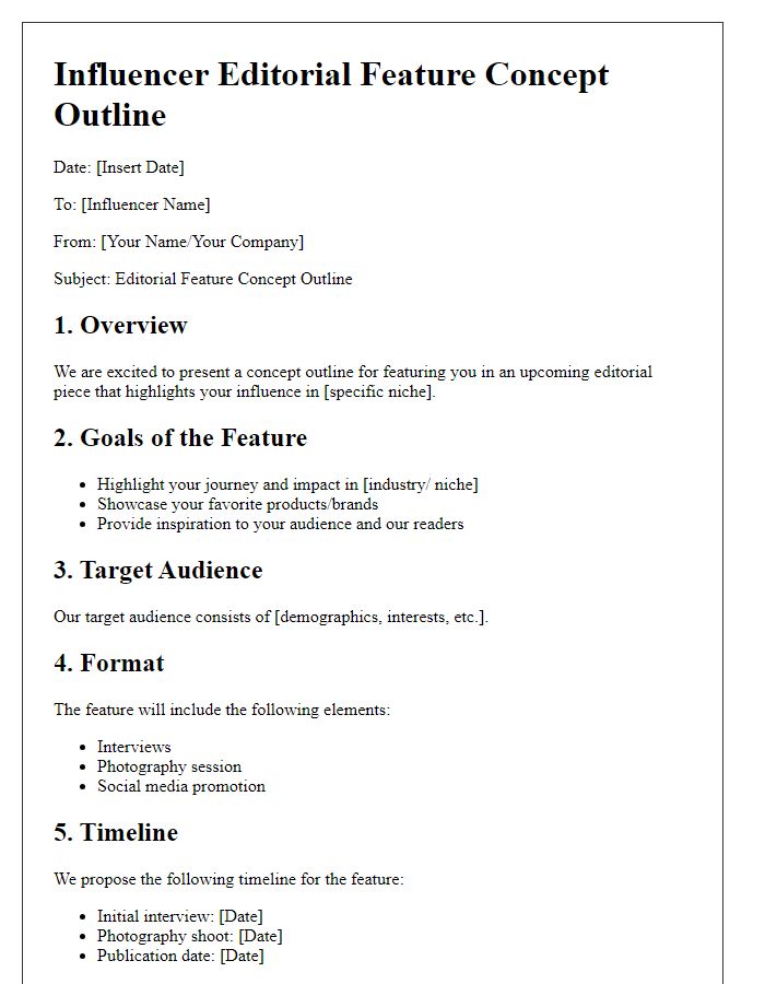 Letter template of influencer editorial feature concept outline