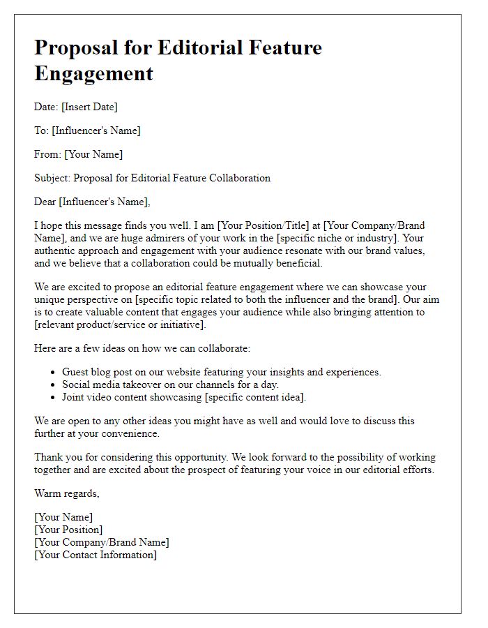 Letter template of influencer editorial feature engagement proposal