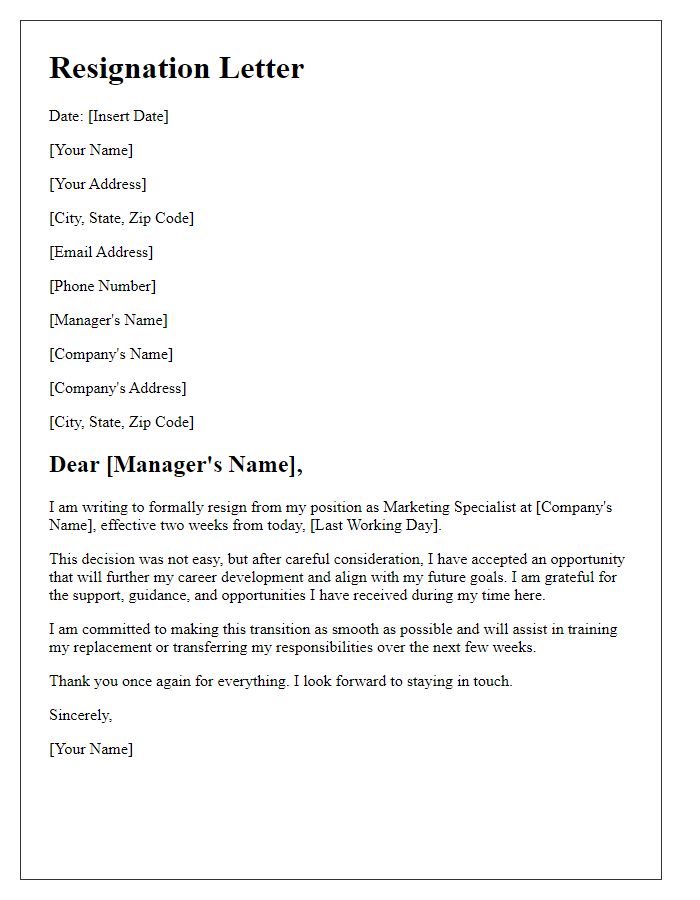 Letter template of resignation from a marketing position for a better opportunity.