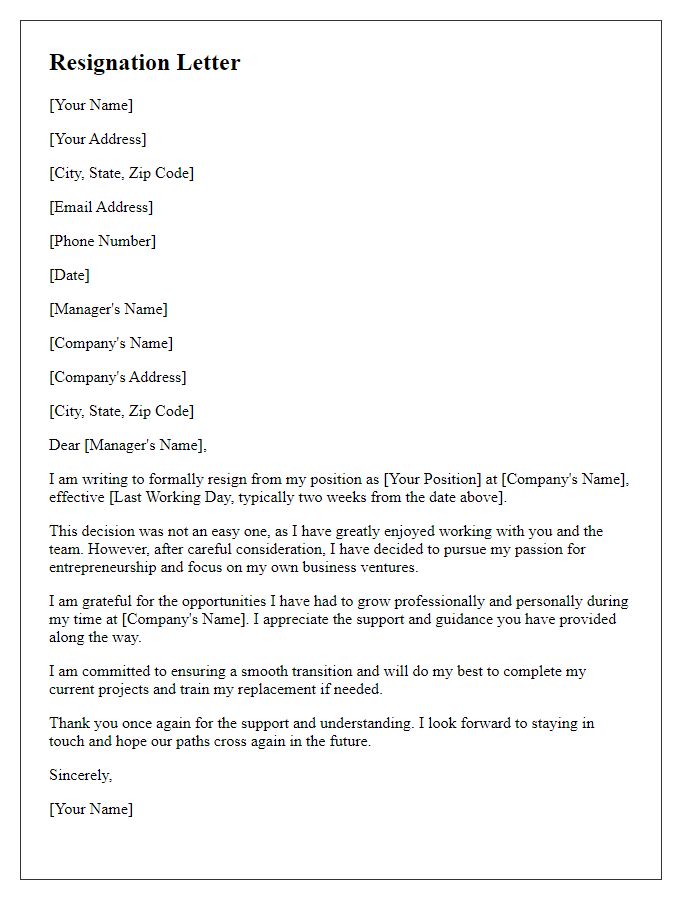 Letter template of resignation from a marketing position for entrepreneurship pursuits.