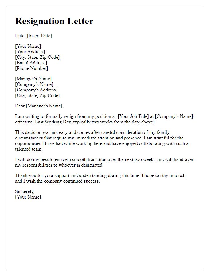 Letter template of resignation from a marketing position for family reasons.