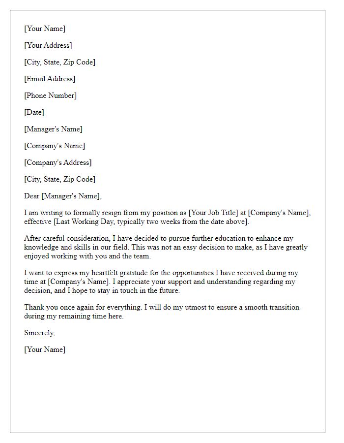 Letter template of resignation from a marketing position to pursue further education.