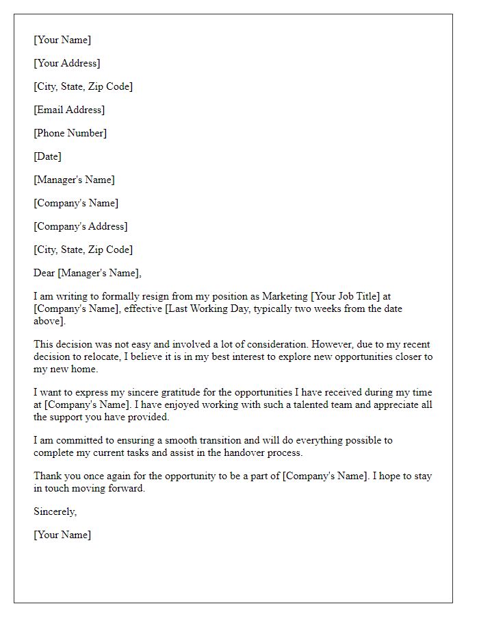 Letter template of resignation from a marketing position to relocate.