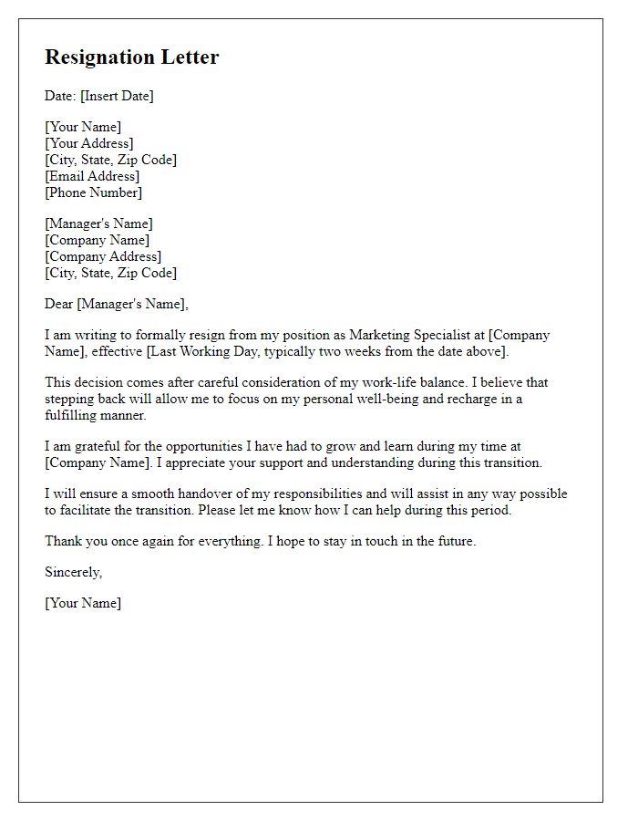 Letter template of resignation from a marketing position for work-life balance.