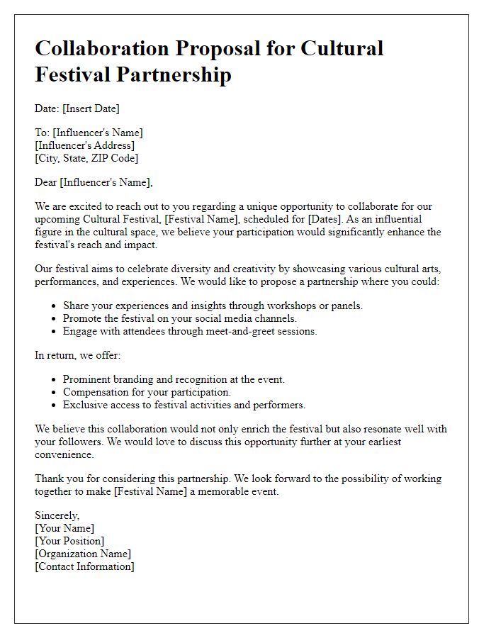 Letter template of collaboration for influencer cultural festival partnership