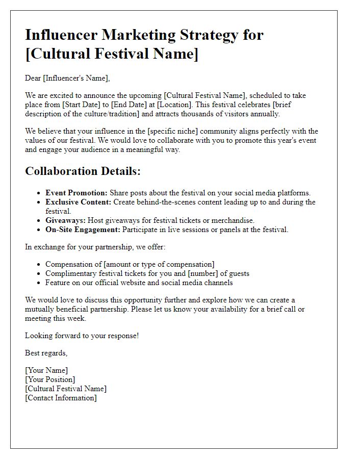 Letter template of influencer marketing strategy for cultural festival