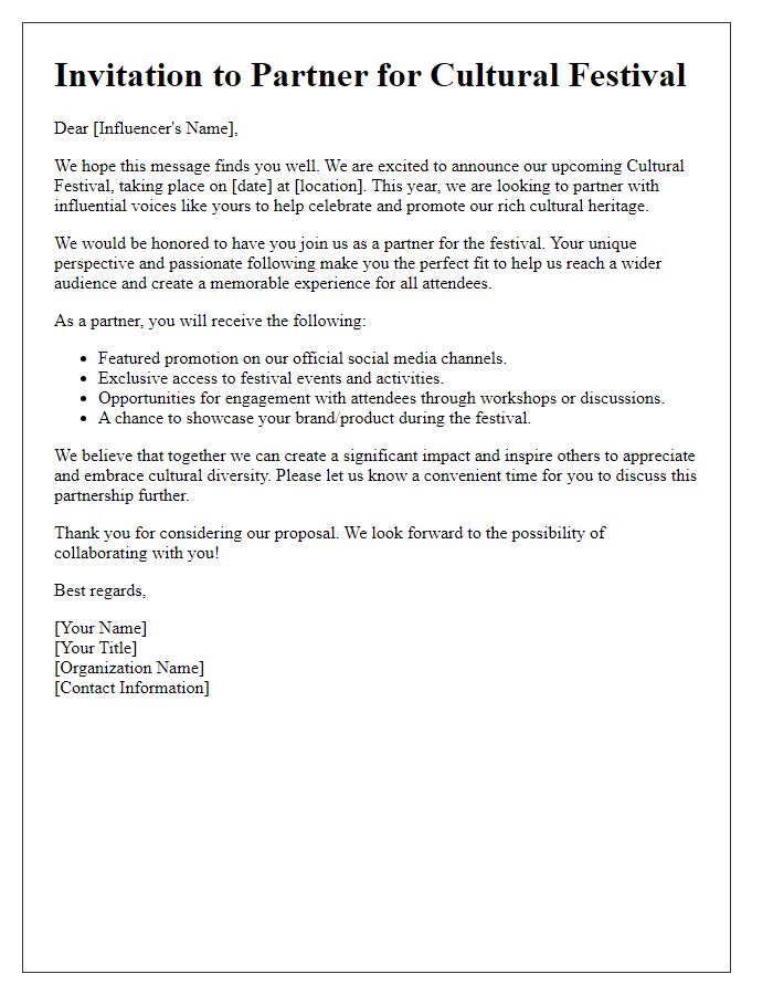 Letter template of invitation to influencers for cultural festival partnership