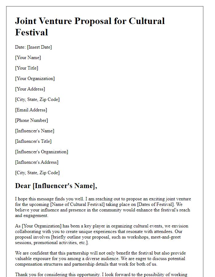 Letter template of joint venture proposal for influencers at cultural festival