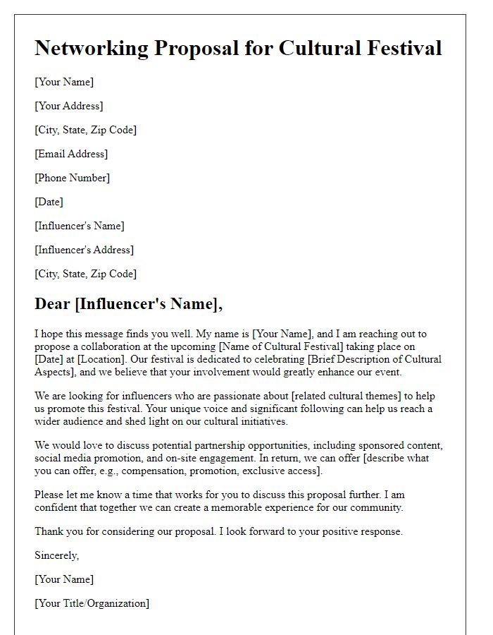 Letter template of networking proposal for influencers involved in cultural festival