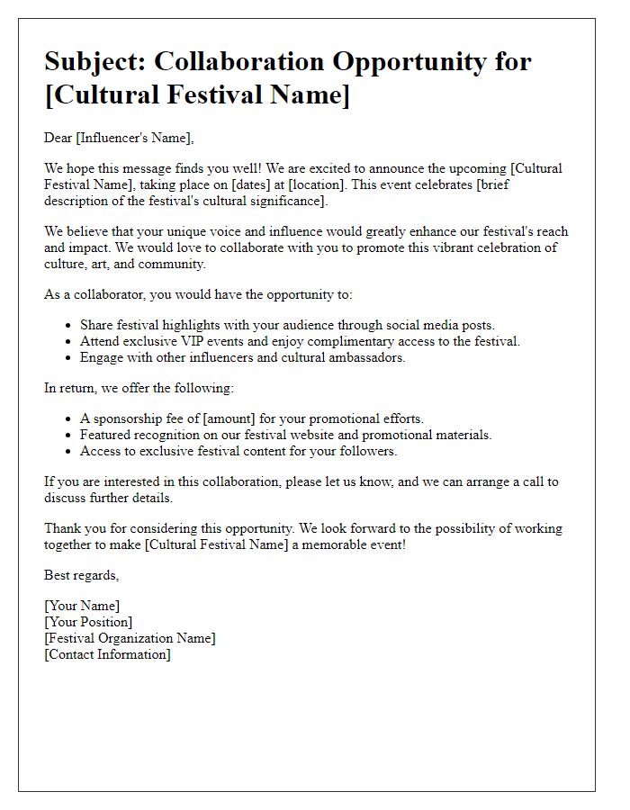 Letter template of promotional collaboration for cultural festival with influencers