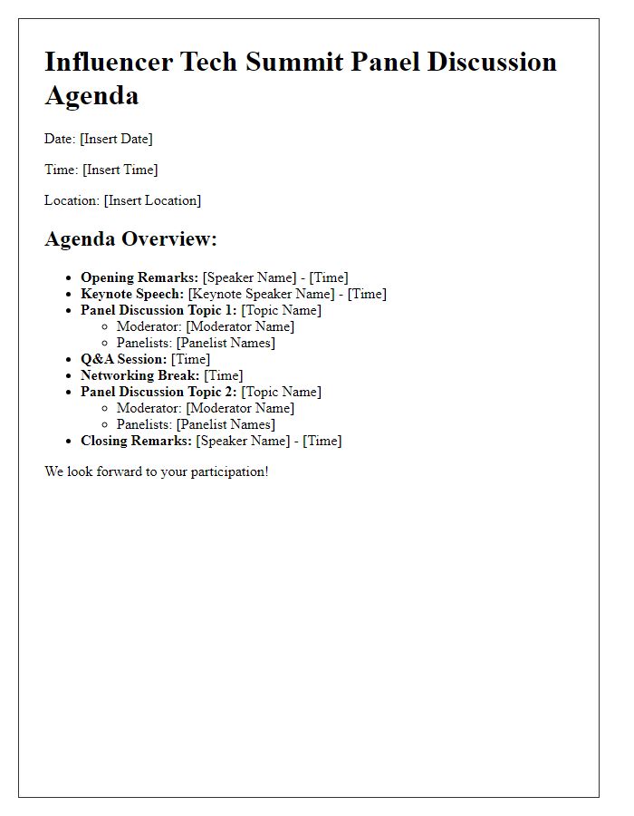 Letter template of agenda overview for influencer tech summit panel discussion