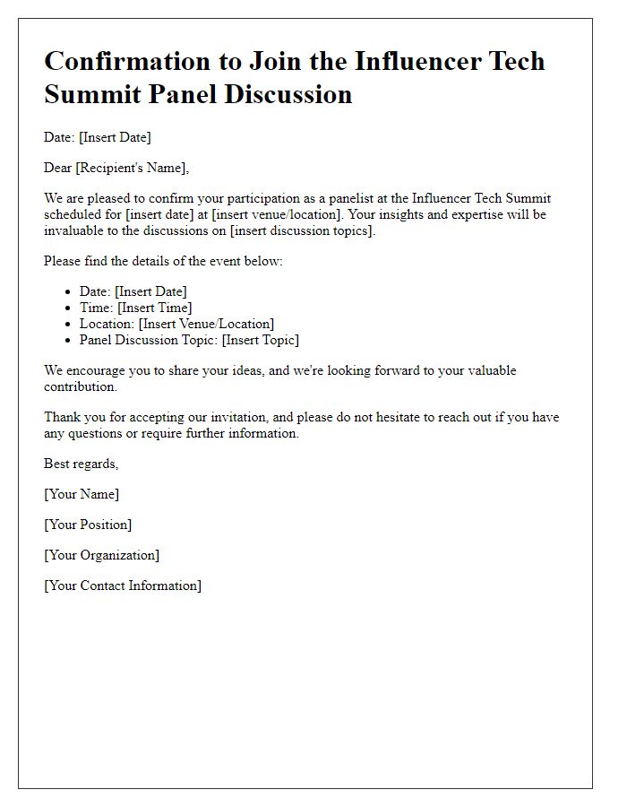 Letter template of confirmation to join the influencer tech summit panel discussion