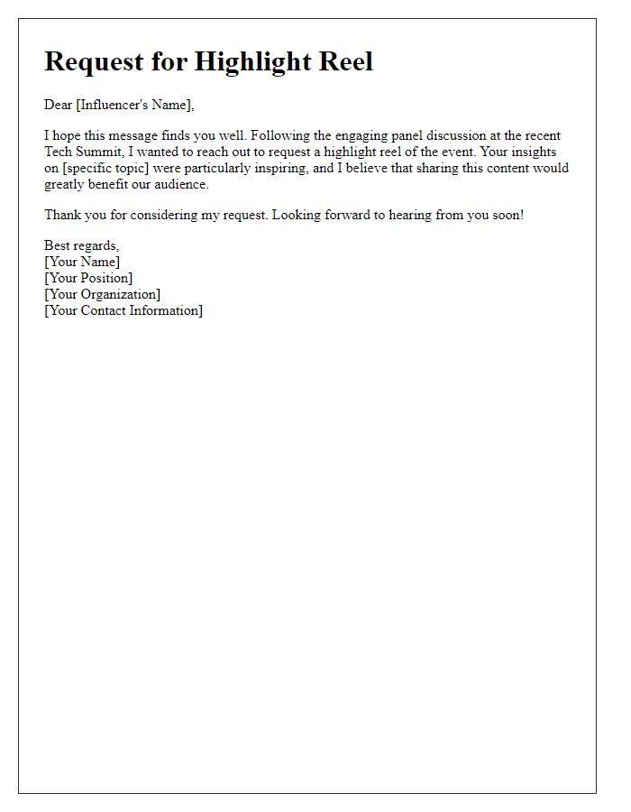 Letter template of highlight reel request post-influencer tech summit panel discussion