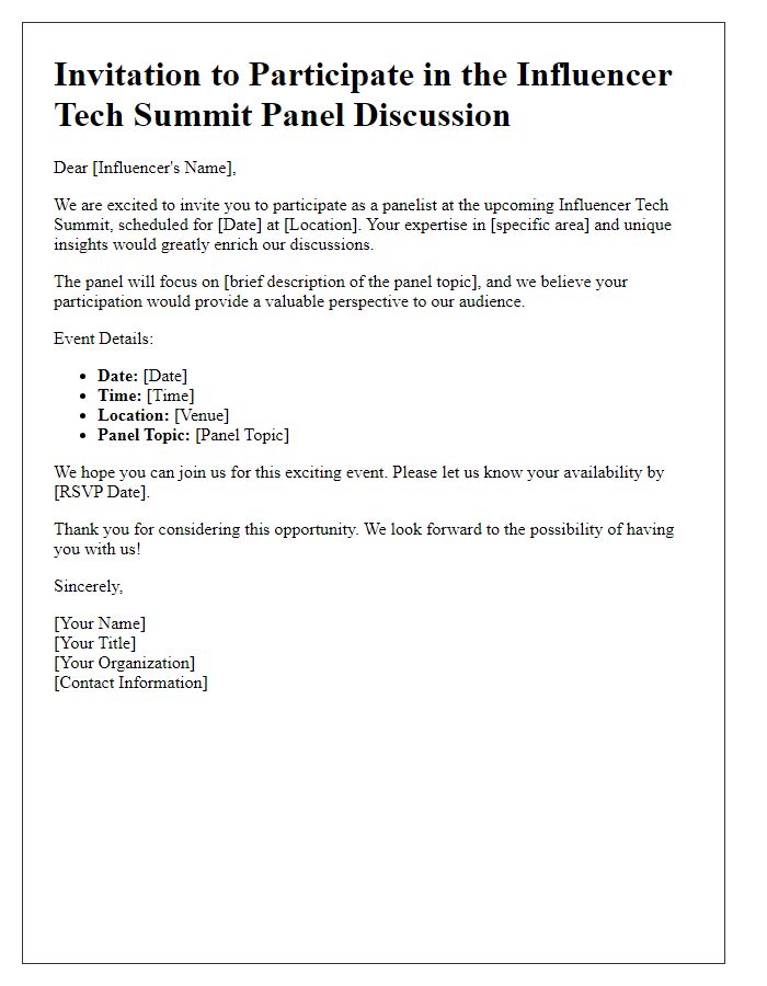 Letter template of invitation to participate in the influencer tech summit panel discussion