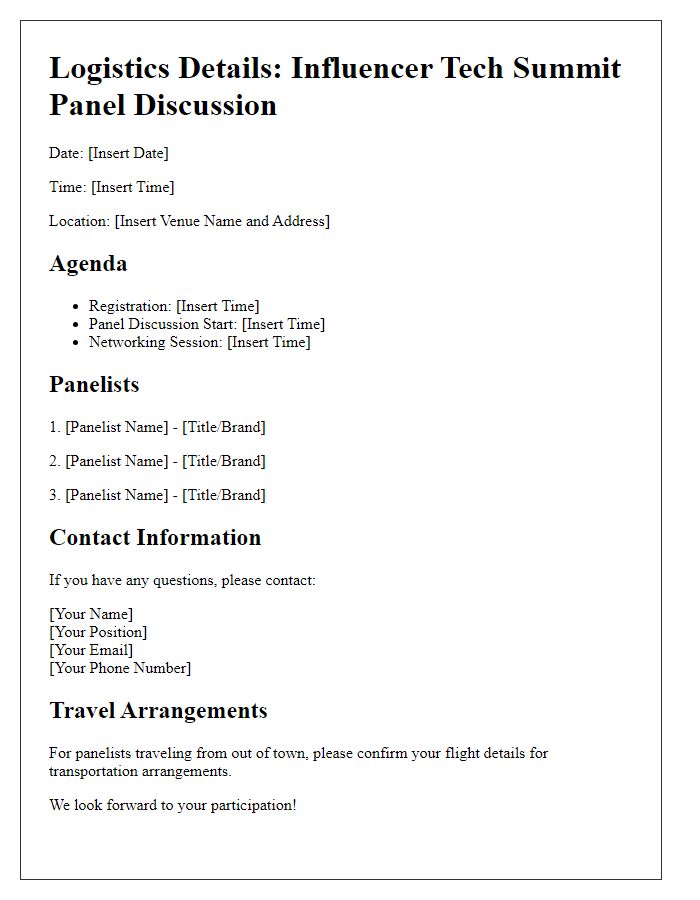 Letter template of logistics details for influencer tech summit panel discussion