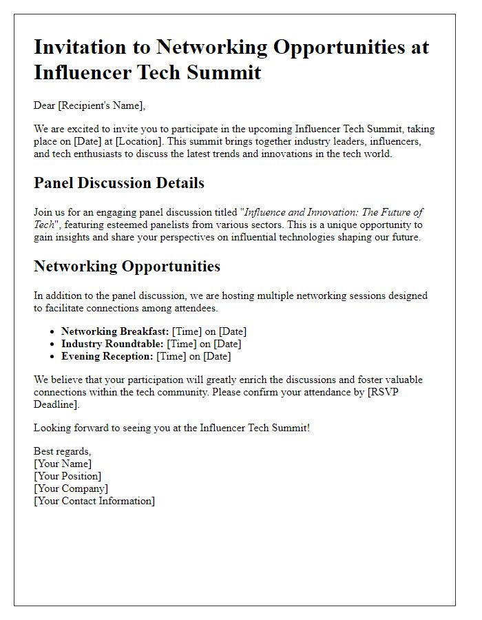 Letter template of networking opportunities at influencer tech summit panel discussion