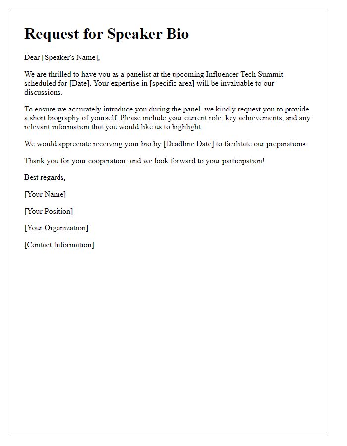 Letter template of request for speaker bio for influencer tech summit panel discussion