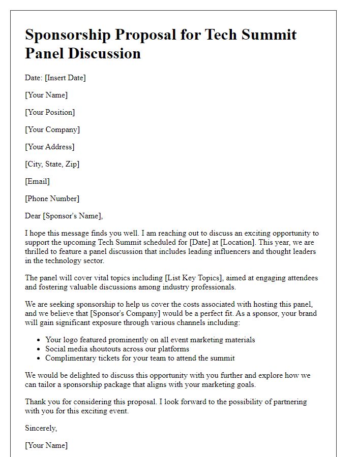 Letter template of sponsorship proposal for influencer tech summit panel discussion