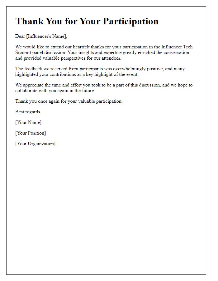 Letter template of thank you for participating in the influencer tech summit panel discussion