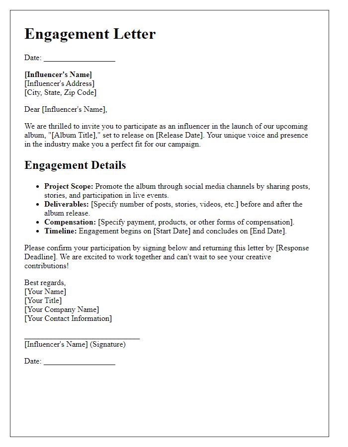 Letter template of engagement letter for influencer participation in album launch