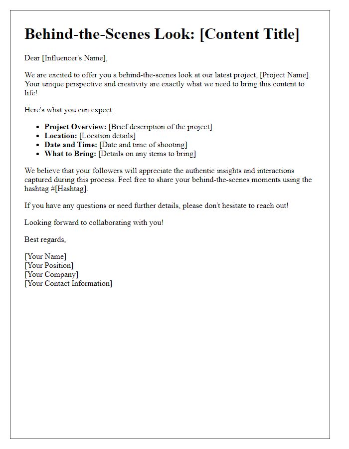 Letter template of behind-the-scenes look for influencer content