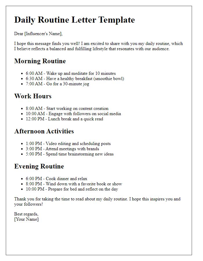 Letter template of daily routine showcase for influencers