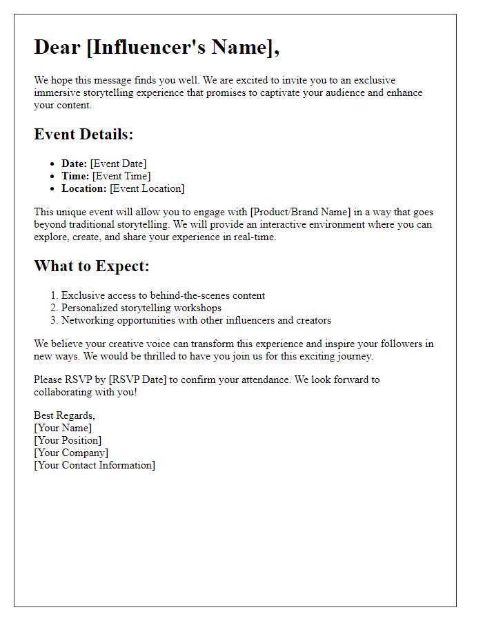 Letter template of immersive storytelling for influencer experiences