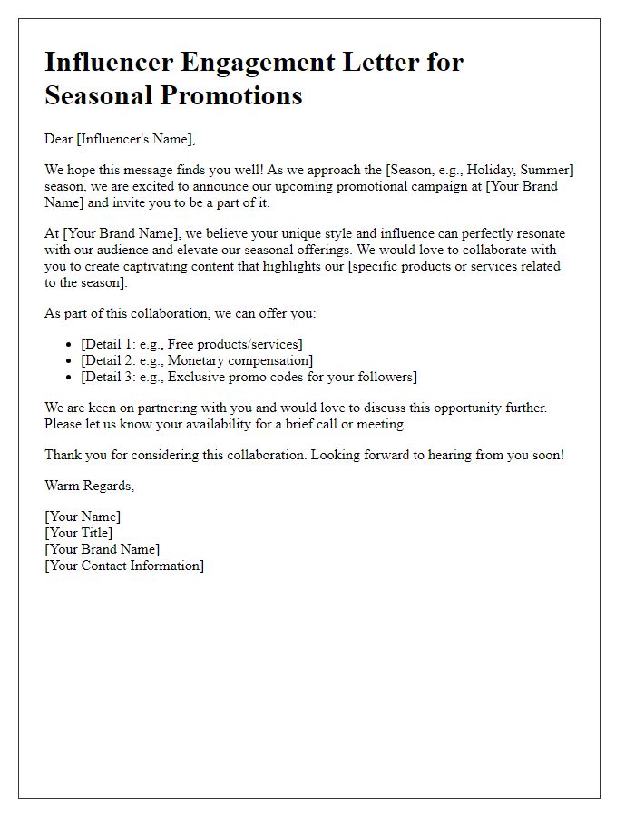 Letter template of influencer engagement for seasonal promotions.