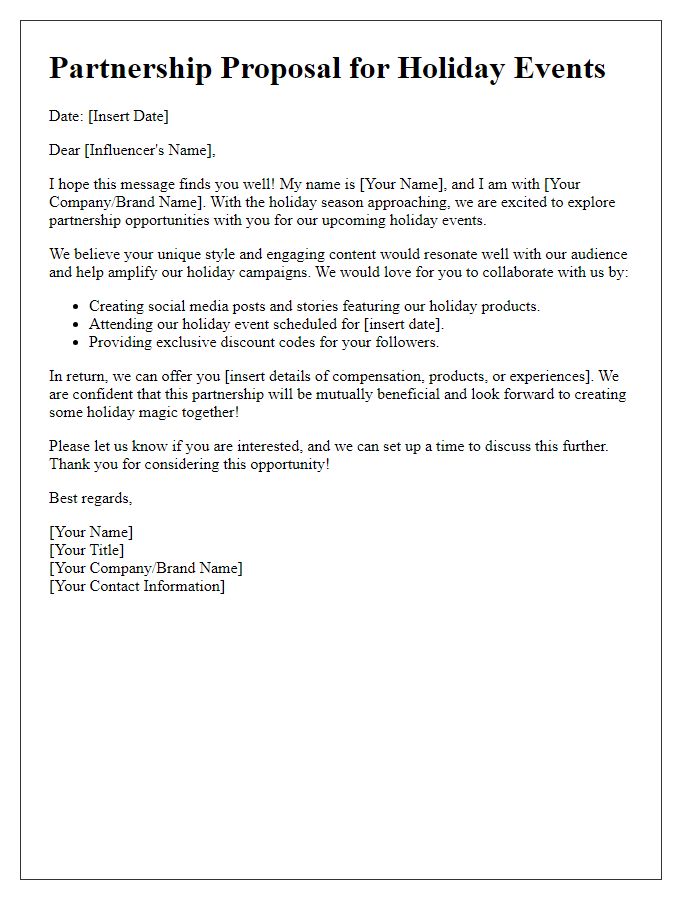 Letter template of influencer partnership for holiday events.