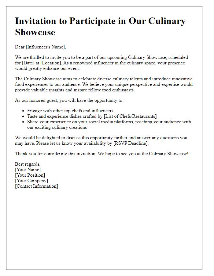 Letter template of influencer engagement for a culinary showcase.