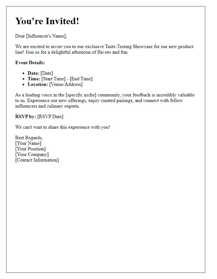 Letter template of influencer invitation to a taste-testing showcase.