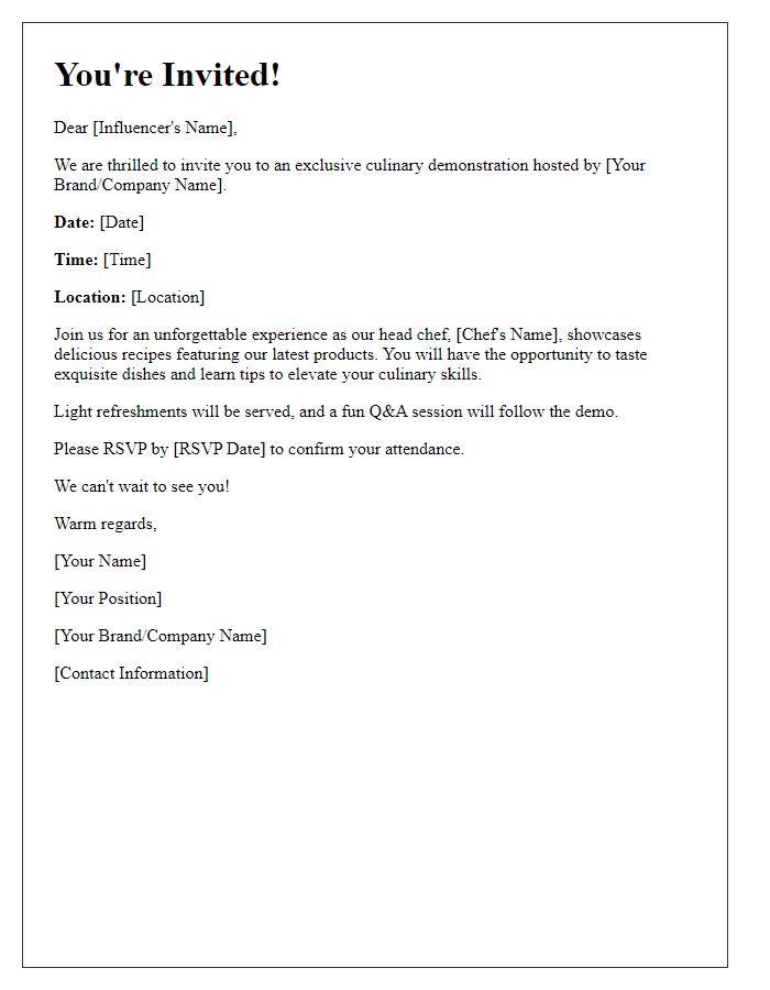 Letter template of invitation to a culinary demo for influencers.