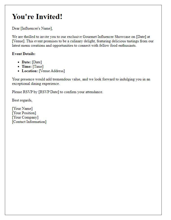 Letter template of invitation for a gourmet influencer showcase.