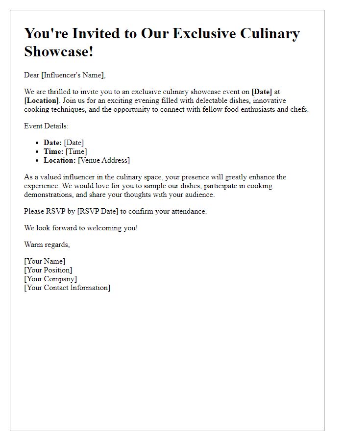 Letter template of invitation for influencer culinary showcase event.