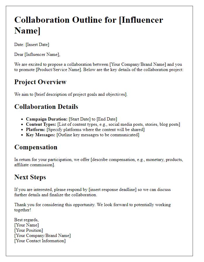 Letter template of collaboration outline for influencer project