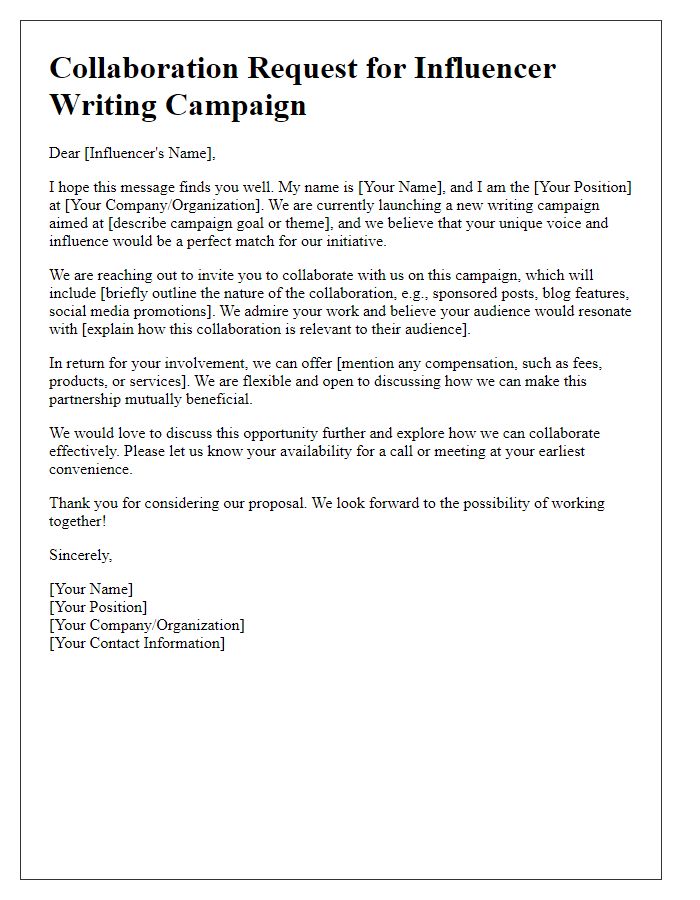 Letter template of collaboration request for influencer writing campaign