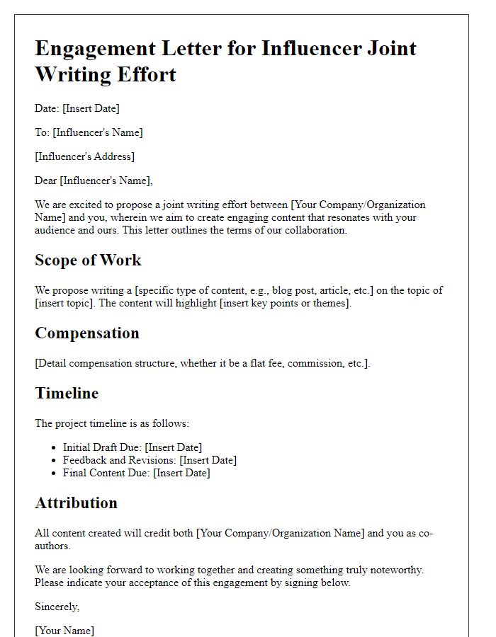 Letter template of engagement for influencer joint writing effort